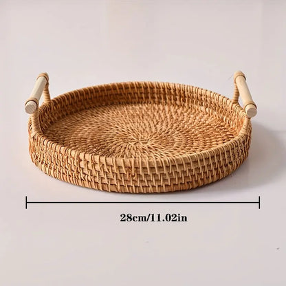 Handwoven Rattan Tray & Food Storage Basket | Eco-Friendly Kitchen Organizer with Lid