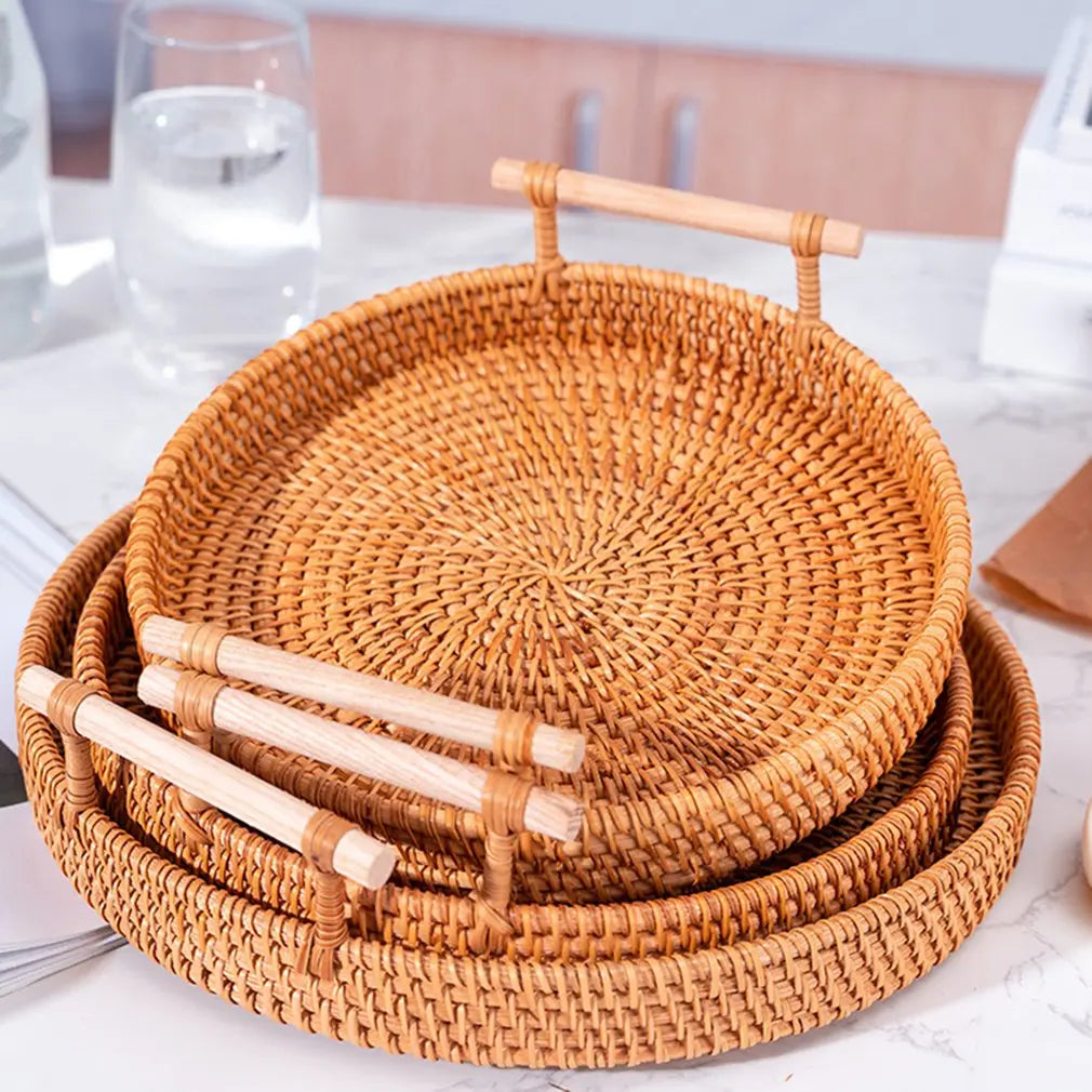 Handwoven Rattan Tray & Food Storage Basket | Eco-Friendly Kitchen Organizer with Lid