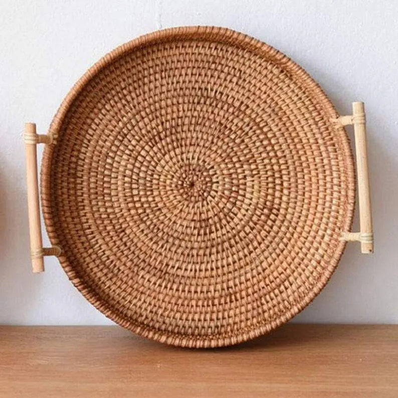 Handwoven Rattan Tray & Food Storage Basket | Eco-Friendly Kitchen Organizer with Lid