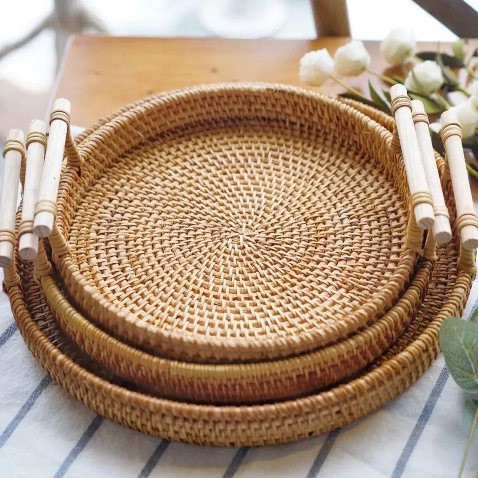 Handwoven Rattan Tray & Food Storage Basket | Eco-Friendly Kitchen Organizer with Lid