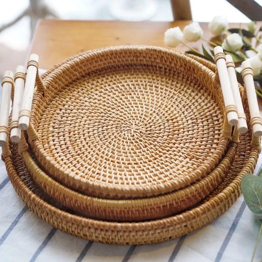 Handwoven Rattan Tray & Food Storage Basket | Eco-Friendly Kitchen Organizer with Lid