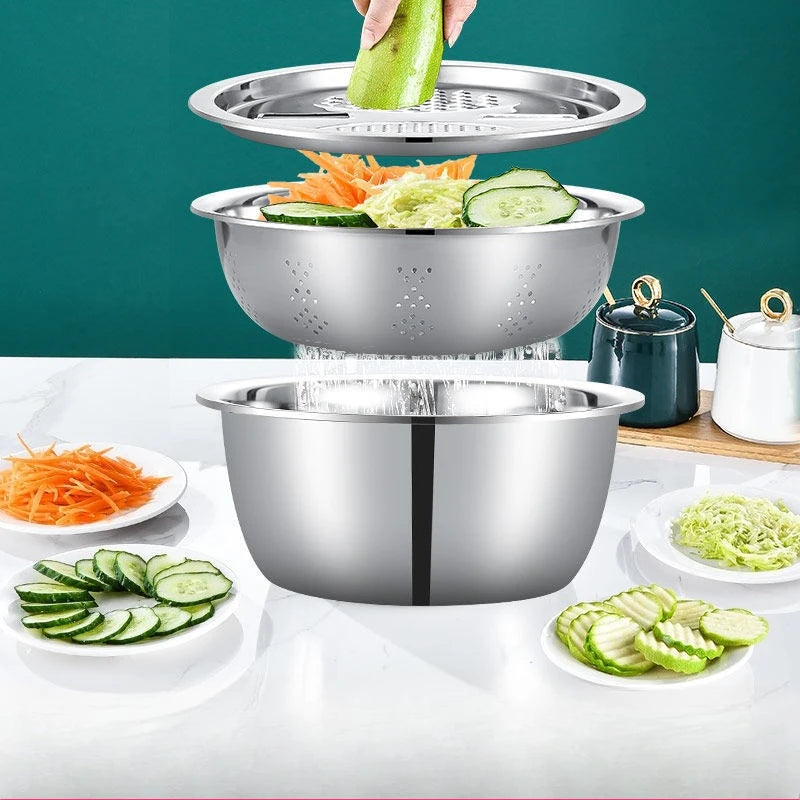3PCS/1Set Vegetable Slicer, Stainless Steel Slicer, Potato Slicer, Vegetable Washing Basin, Drain Basket, Multifunctional