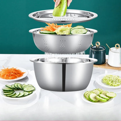 3PCS/1Set Vegetable Slicer, Stainless Steel Slicer, Potato Slicer, Vegetable Washing Basin, Drain Basket, Multifunctional